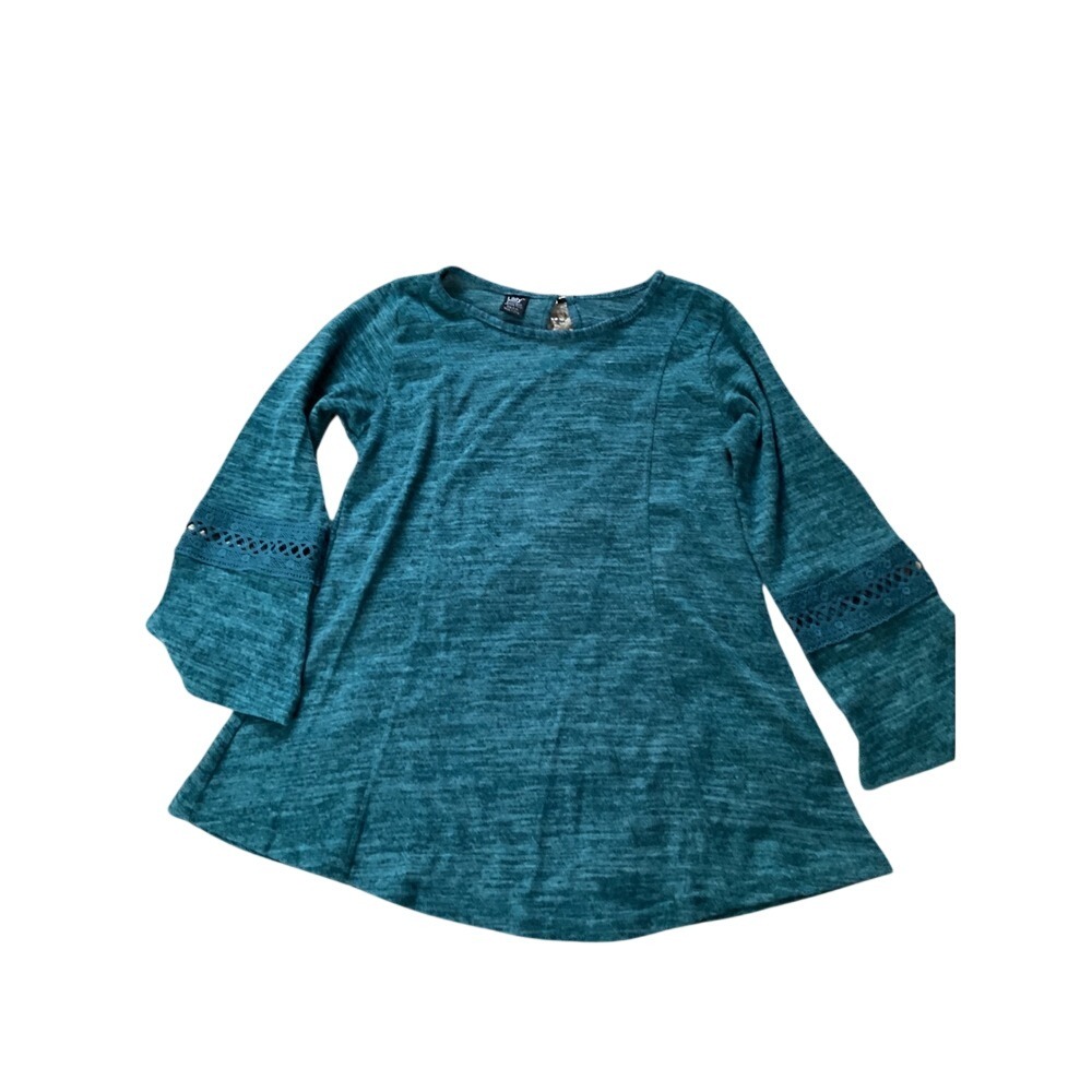 Lildy Button Back Keyhole‎ Space Dye Tunic Teal Crochet Bell Sleeve Top S-M